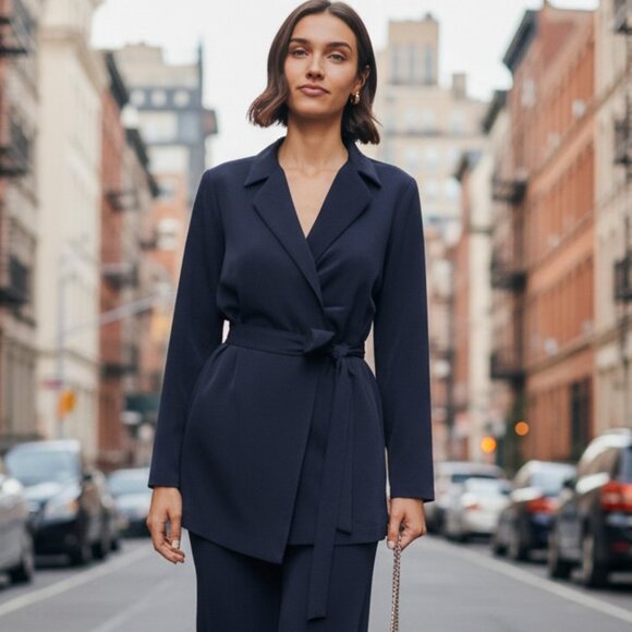 Tuckernuck Jackets & Blazers - Tuckernuck Navy Octavia Wrap Blazer Belted Tailored Jacket Size L NWT Workwear